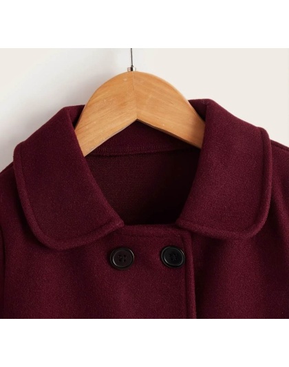 Maroon Girls Elegant Woolen Lapel Pea Coat with Long Sleeves Windproof Thermal Fleece Jacket