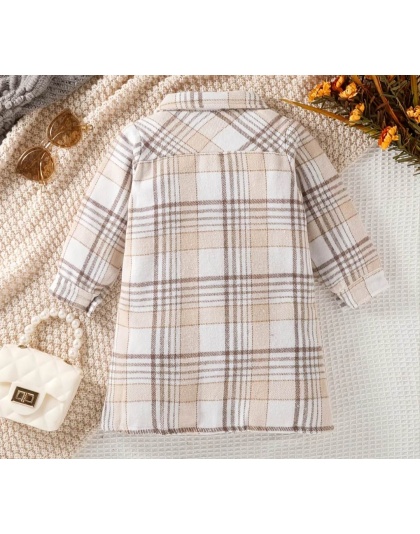 Girls Long Plaid Lapel Double Pocket Long Sleeve Button Shirt Jacket Coat Tan Bur Berry Pattern Plaid