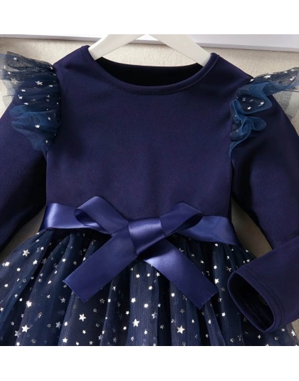 Girls Bow Mesh Dress Star Pattern Gradient Color Long Sleeve Round Neck Christmas New Years Fancy Elegant Sparkly Star Dress