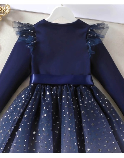 Girls Bow Mesh Dress Star Pattern Gradient Color Long Sleeve Round Neck Christmas New Years Fancy Elegant Sparkly Star Dress