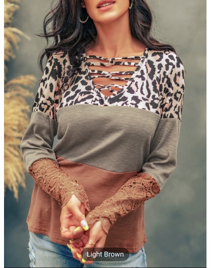 Women's T-shirt Casual Lace Splicing Hollow-out Leopard Color Block Long Sleeved Loose Fashion T-shirt Blouses Style Everyday Fit Top Womenswear Comfortable Elegance - Bucket 1