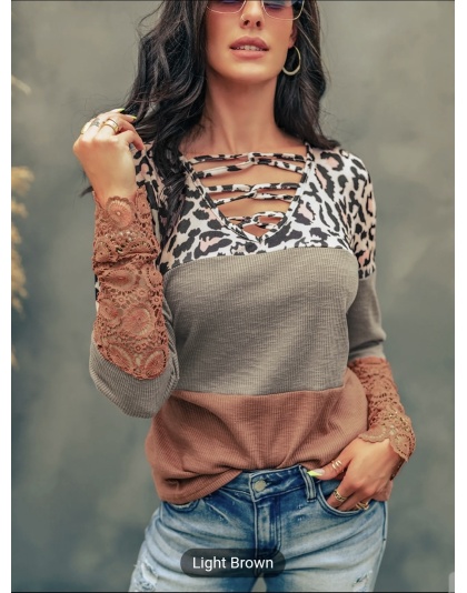 Women's T-shirt Casual Lace Splicing Hollow-out Leopard Color Block Long Sleeved Loose Fashion T-shirt Blouses Style Everyday Fit Top Womenswear Comfortable Elegance - Bucket 1