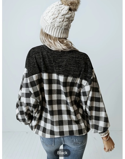 Black and White Buffalo Plaid Flannel Shirt for Women Oversized Long Sleeve Casual Blouse Comfortable Chic Cardigan Breathable Top - Bucket 1