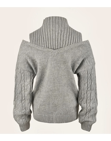 Women's Solid Elegant Off the Shoulder Gray Sweater, Casual Turtle Neck Long Sleeve Sweater, Casual Tops For Fall &amp; Winter, Women's Comfortable Soft Womenswear Comfort Formal Knitwear Piece Style Clothing - Bucket 1