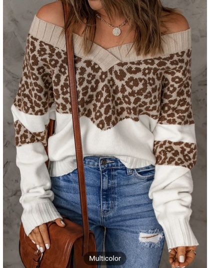 Women's Sweater Leopard Splicing Off Shoulder Pullover Sweater Knitwear Womenswear Tops Lady Comfort Knitting Comfortable Fashion Style Longsleeves Casual Winter Long Sleeve - Bucket 2