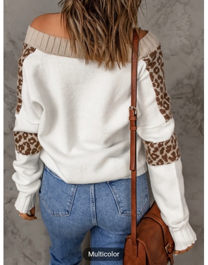 Women's Sweater Leopard Splicing Off Shoulder Pullover Sweater Knitwear Womenswear Tops Lady Comfort Knitting Comfortable Fashion Style Longsleeves Casual Winter Long Sleeve - Bucket 2