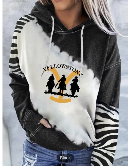 Yellowstone Graphic Zebra Print Long Sleeve Hooded T Shirt Fashion Blouse Comfort Womenswear Top Tshirt Streetwear Summer Lady  Comfortable Feminine Elegant T-Shirt Piece Casual V neck - Box 2