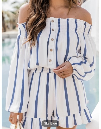 Women’s Summer Off The Shoulder Blue and White Striped Jumpsuit Onepiece One-Piece Jumper Short Romper - Box 2