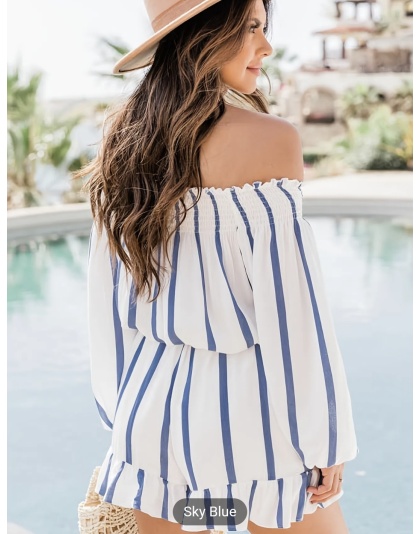 Women’s Summer Off The Shoulder Blue and White Striped Jumpsuit Onepiece One-Piece Jumper Short Romper - Box 2